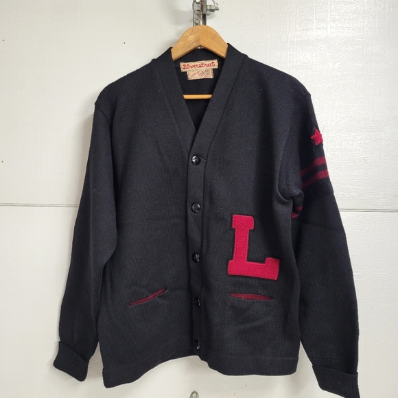 Vintage 1940-50 Lasley Knitting co. Seattle Letterman Sweater / Cardigan Patched - Picture 1 of 13